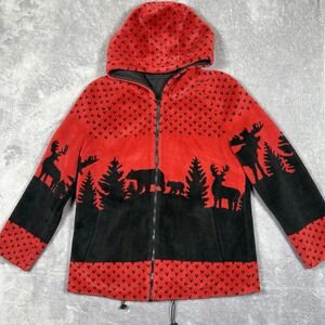 VTG Black Mountain Deep Pile Fleece Jacket Small Red Nordic Fair Isle Reversible